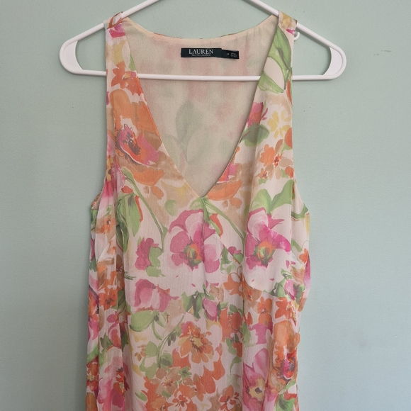 Lauren Ralph Lauren Women's Peach Floral Georgette Sleeveless Midi Dress Size 12 - Picture 3 of 8